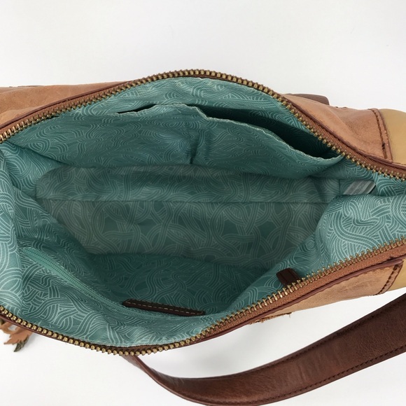 THE SAK Tan/Brown Distressed Leather Boho Hobo Shoulder Bag with Feathers Charm - Picture 12 of 12